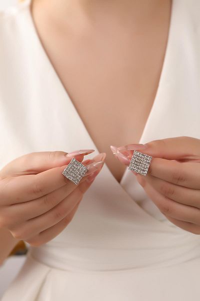 HUBANN Silver Color Mini Square Diamond Patterned Stone Earrings Square Mini Earrings Waterway Earrings