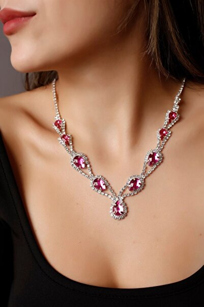 HUBANN Gümüş Kaplama Fuşya Taşlı Hürrem Kolye Özel Günler Kolyesi Düğün Nişan...