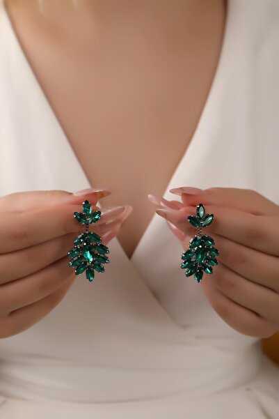 HUBANN Stylish Yeşil Mekik Taşlı Kadın Küpe Renkli Taşlı Küpe Gümüş Kaplama Küpe Şık Tasarım Küpeler