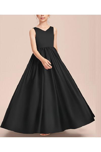 NSMLİFE Girl's Black Back V-neck Detailed Simple Elegant Satin Dress Graduation Birthday Christmas Dress