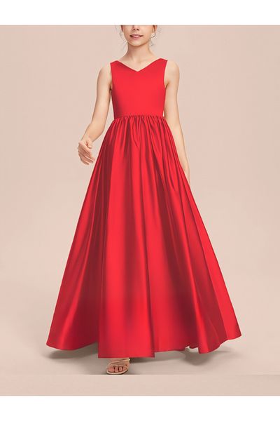 NSMLİFE Girl's Red Back V-neck Detailed Simple Elegant Satin Dress Graduation Birthday Christmas Dress
