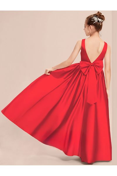 NSMLİFE Girl's Red Back V-neck Detailed Simple Elegant Satin Dress Graduation Birthday Christmas Dress