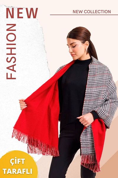 Multi Brand Double Sided Red Color Plaid Woolen Shoulder Shawl 70x190cm Connectable Winter Women's Scarf Shawl