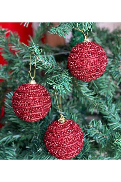 QUEEN AKSESUAR Imported Luxury Collectible Large Size 3-Piece Glitter Shiny Decoration Pine Tree Ball Set Red Tree Ornament
