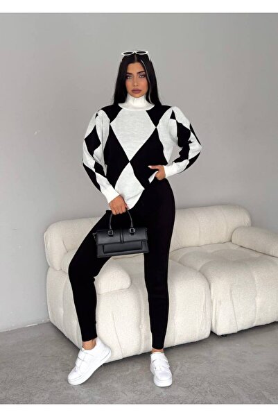 pendkamoda Women's Large Diamond Pattern Turtleneck Sweater Pocket Bottom Double Knitwear Set (Coloured)