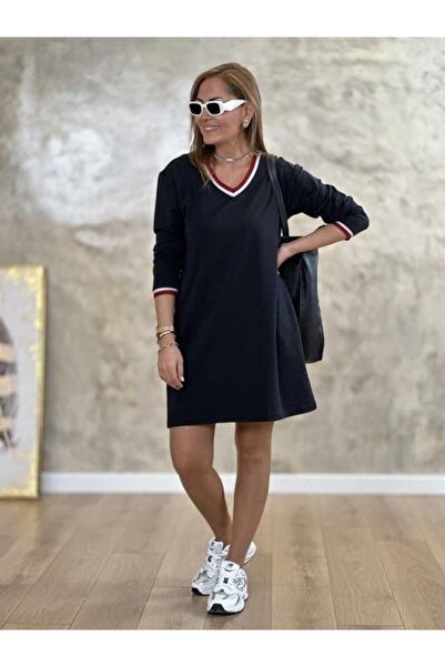 merlavin Kadın V Yaka Uzun Kollu Ribana Detay İki İplik Kumaş Elbise