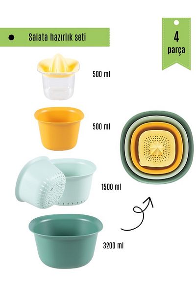 simplicity Klemme Salad Preparation Set 4-Piece Strainer, Citrus Juicer, Mixing Cups