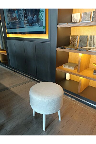 BEYLERBEYİ Gürgen Ahşap Ayaklı Dekoratif Beyaz Pelüş Yuvarlak Puf Bench Koltuk Sandalye