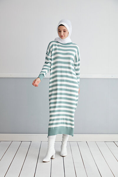 MODAMÜNASİP Υπέροχο ριγέ πλεκτό χιτζάμπ τουνίκ