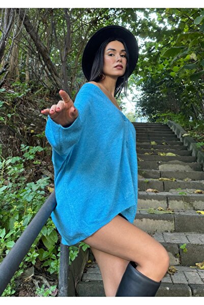 minaaise Синій м'який V-подібний комір з ґудзиками Oversize трикотажний карди...