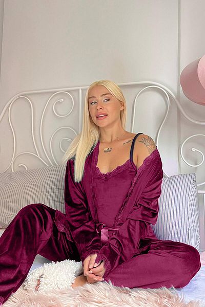 Pijamaevi Pflaumen-Granat-exklusives Damen-Pyjama-Set aus Samt mit Bademantel
