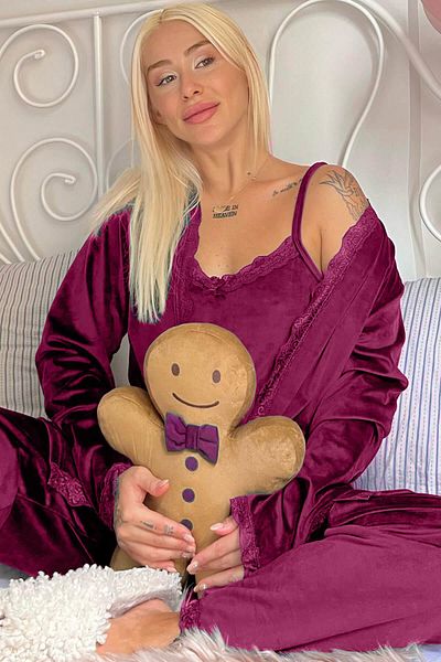 Pijamaevi Pflaumen-Granat-exklusives Damen-Pyjama-Set aus Samt mit Bademantel