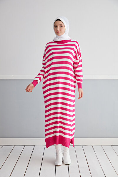 MODAMÜNASİP Υπέροχο ριγέ πλεκτό χιτζάμπ τουνίκ