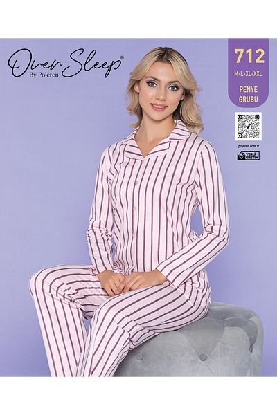 Over Sleep by Poleren Long Sleeve Shirt Collar Cotton Women's Pajamas Set