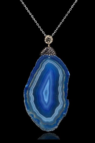 Tesbih Atölyesi Certified Zircon Stone Plate Blue Agate Stone Necklace