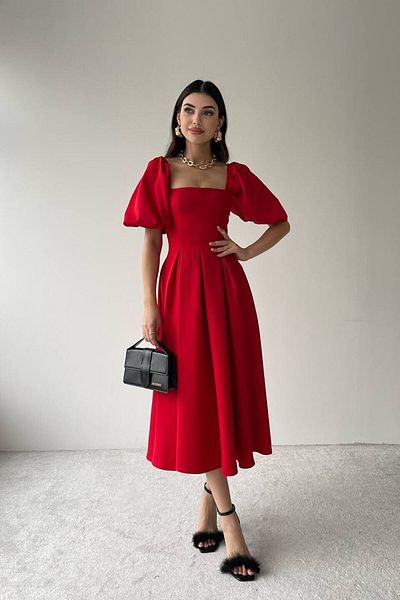 MRY BUTİK Women's Red Square Neck Balloon Sleeve Ruffle Lined Midi Dress
