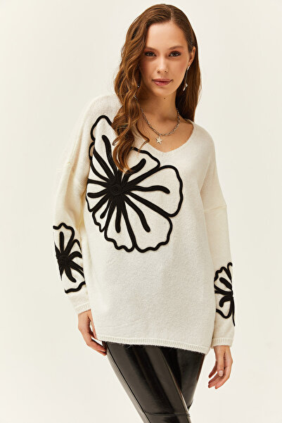 Olalook Pulover de damă, cu decolteu în V, cu model ecru, din tricotaje cu textura moale KZK-19000695