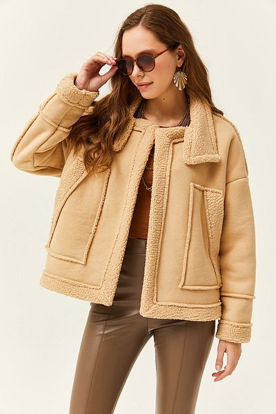 Olalook Beige dicke Damenjacke mit Taschen und Fell innen CKT-19000369