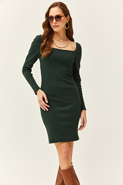 Olalook Dámské smaragdově zelené šaty s čtvercovým límcem z lycry ELB-19001612