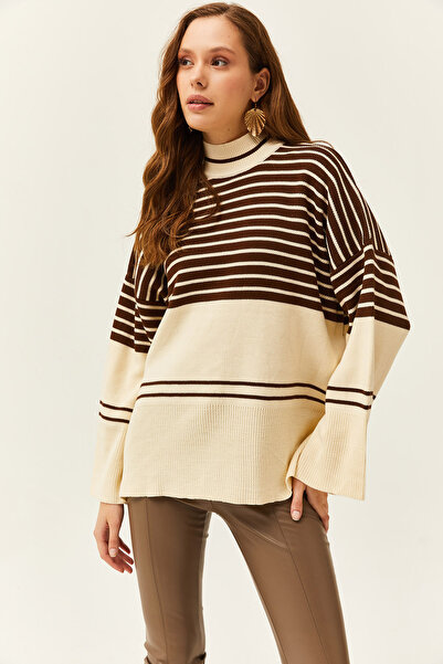 Olalook Дамски трикотажен пуловер на райе със странична цепка, Bitter Brown Half Fisherman KZK-19000698