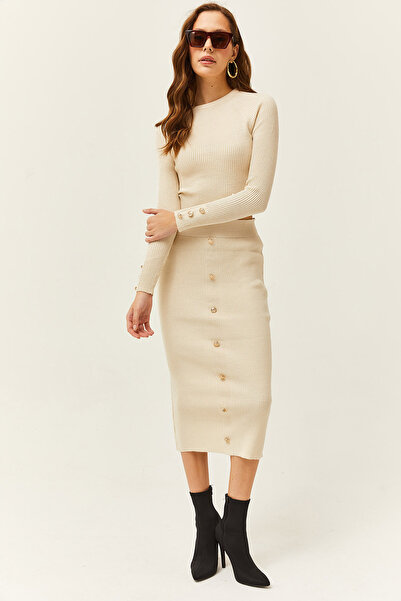 Olalook Women's Stone Bottom Top Button Detailed Knitwear Set TKM-19000239