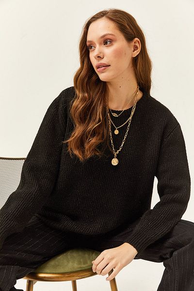 Olalook Pulover de damă negru cu sclipici, tricot cu textura moale KZK-19000696