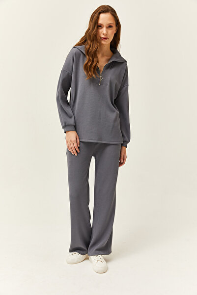 Olalook Women's Smoked Top Zippered Sweater Bottom Pocket Palazzo Trousers Set TKM-19000240