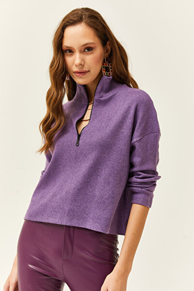 Olalook Kadın Mor Fermuarlı Dik Yaka Şardonlu Kazak KZK-19000640
