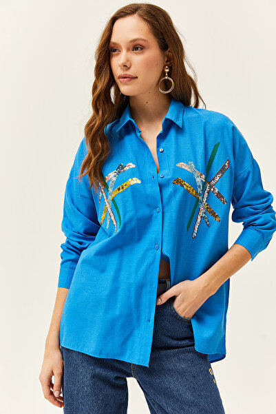 Olalook Women's Saks Blue Colored Sequin Stick Woven Shirt GML-19001164
