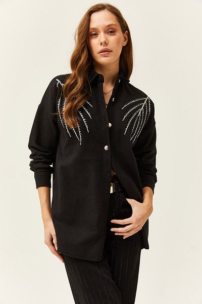 Olalook Dámská listová černá košile s flitry s oversize razítko GML-19001145