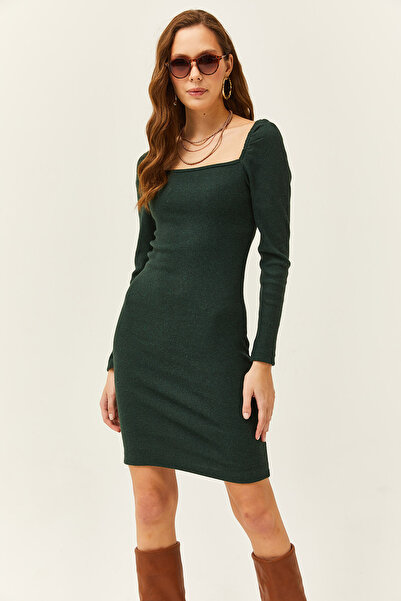 Olalook Dámské smaragdově zelené šaty s čtvercovým límcem z lycry ELB-19001612