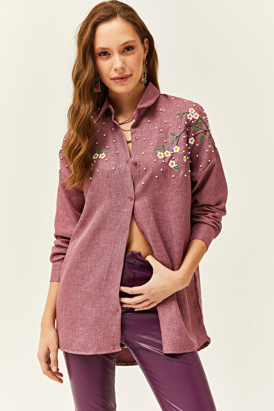 Olalook Kadın Gül Kurusu Nakışlı İncili Yün Efektli Oversize Kışlık Gömlek GML-19001159