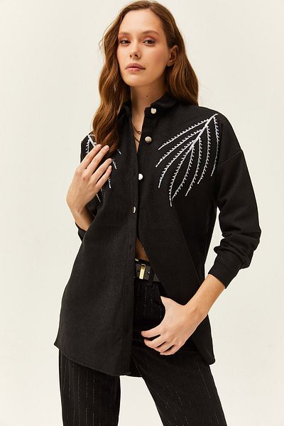 Olalook Dámská listová černá košile s flitry s oversize razítko GML-19001145