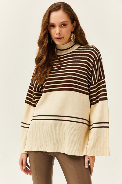 Olalook Дамски трикотажен пуловер на райе със странична цепка, Bitter Brown Half Fisherman KZK-19000698