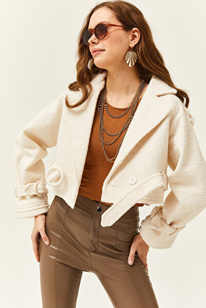 Olalook Dámská ecru podšitá bunda Crop Boucle s detailem pásku CKT-19000372