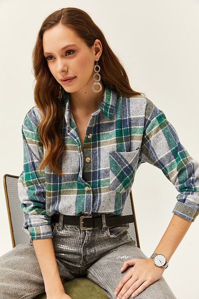 Olalook Indigo-Smaragdgrünes Holzfällerhemd mit Einzeltasche für Damen GML-19001163