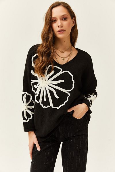 Olalook Schwarzer gemusterter Damen-Strickpullover mit V-Ausschnitt und weicher Struktur KZK-19000695