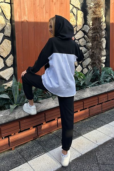 Trend Alaçatı Stili Schwarzes Damen-Kapuzenshirt mit 3 Fäden gerippter Innenseite, Sweatshirt ALC-X11216