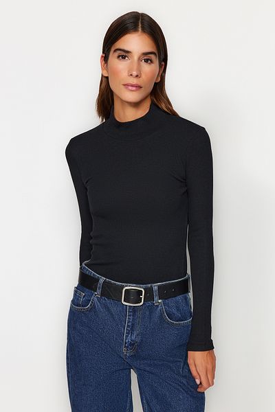 Trendyol Collection Black-White 2 Pack Ribbed Stand Collar Fitted Long Sleeve Stretchy Knitted Blouse TWOAW24BZ00257