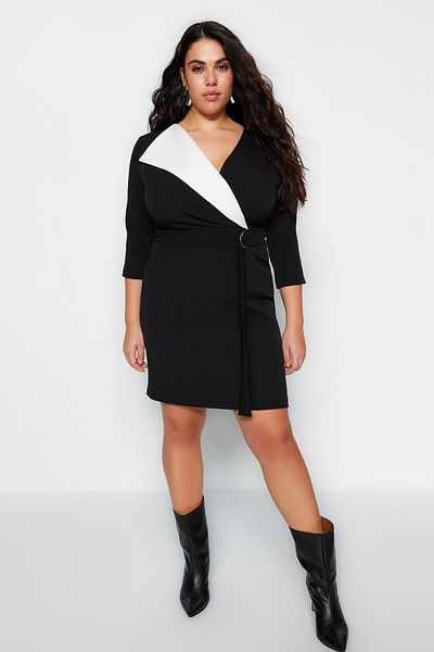 Trendyol Curve Black Belted Double Breasted Collar Mini Woven Dress TBBAW24AH00110
