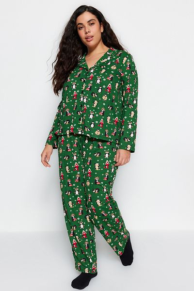 Trendyol Curve Green Shirt Collar New Year's Pajamas Set - TBBAW24AI00002