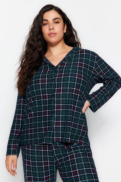 Trendyol Curve Green Plaid Shirt Collar Knitted Pajamas Set - TBBAW24AI00033