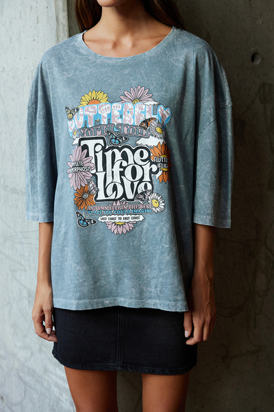 Edit by Trendyol Anthracite Printed Oversized Knitted T-Shirt TEDAW24TS00000