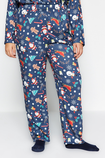Trendyol Curve New Year's Themed Navy Blue Knitted Pajamas Set - Shirt Collar TBBAW24AI00024