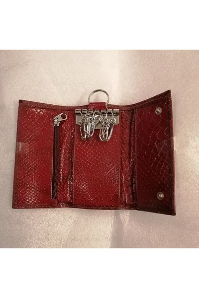 Bond Unisex Genuine Leather Burgundy Snake Print Shaded 3 Hidden Compartments 6 Hooks Ring Strap Wallet Keychain