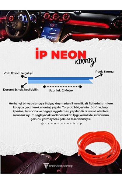 C9 Araç Içi Neon Ledi Ip Led Torpido Ledi 2 Metre Neon Led Kırmızı