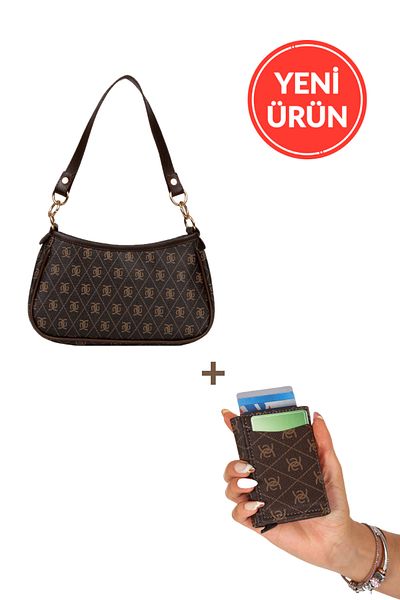 Newish Women's Patterned Cross Hand and Shoulder Baguette Patterned Anti-Theft Rfid Wallet and Card Holder