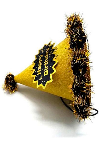 Kazanabil HAPPY BIRTHDAY WRITTEN CARDBOARD PARTY HAT WITH POMPOM GOLD