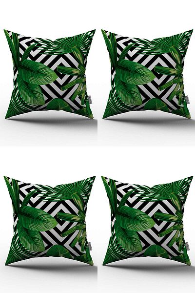 Cango Home Black and White Set of 4 Geometric Tropical Patterned Digital Printed Throw Pillow Cases