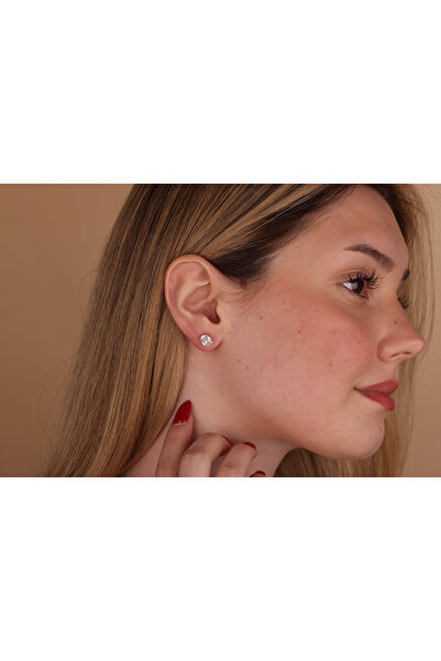 Akgül Silver Beyaz Zirkon Oval Altın Kaplama Gümüş Küpe